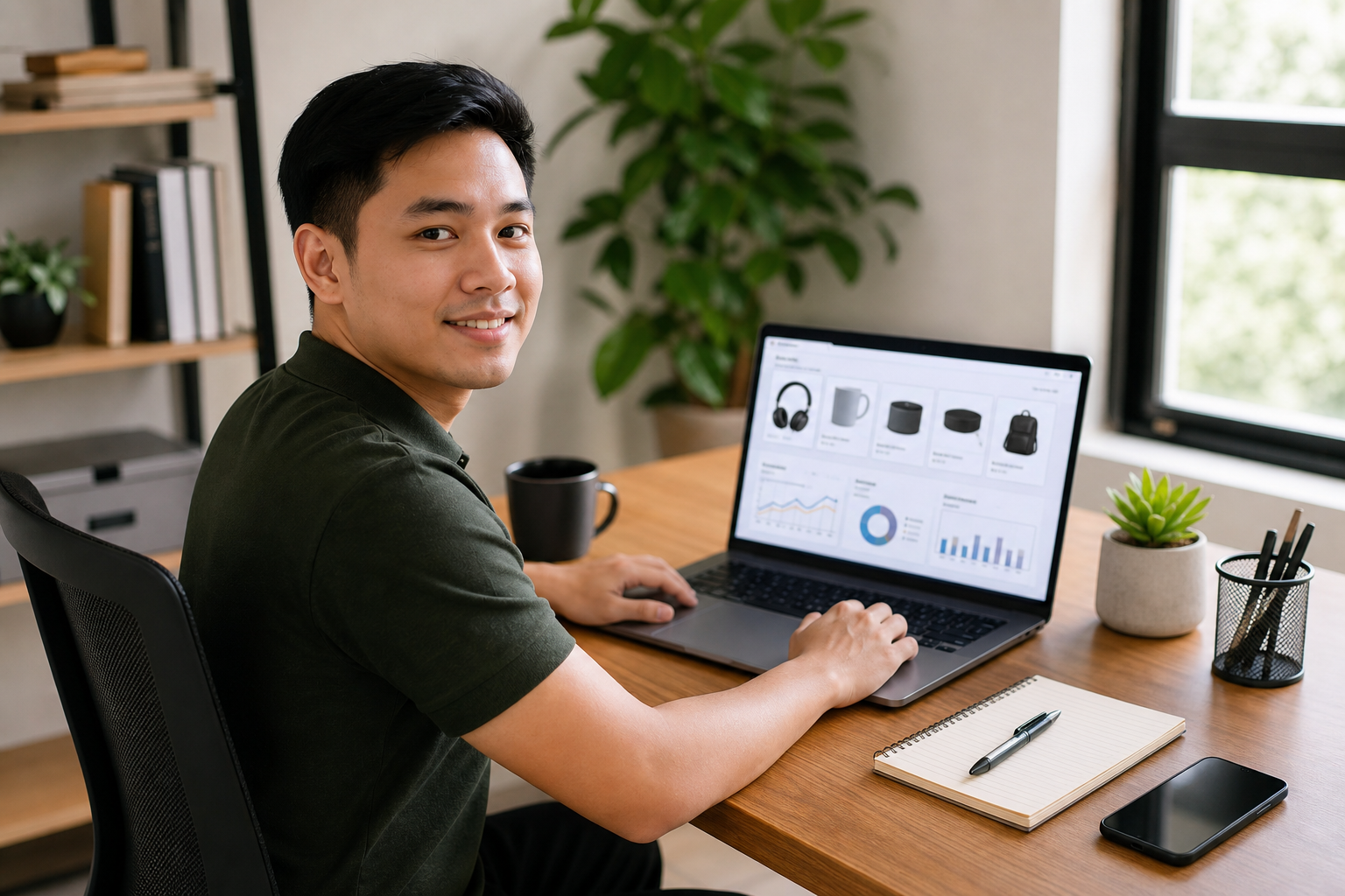 Filipino virtual assistant working confidently at his desk